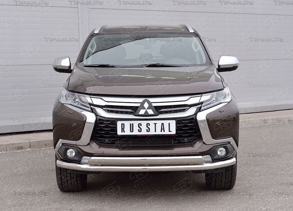 Защита RusStal переднего бампера d63 секция-75х42 дуга для Mitsubishi Pajero Sport III 2016-2020. Артикул MPJSZ-002485