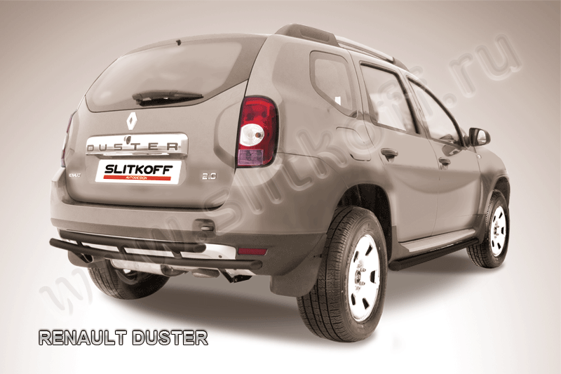 Защита Slitkoff заднего бампера d42/42 двойная ЧЕРНАЯ матовая для Renault Duster I 2010-2015. Артикул RD009B