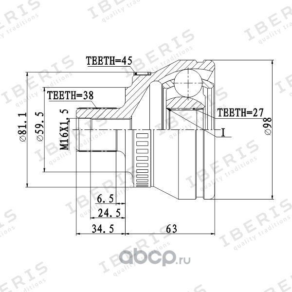 ШРУС НАРУЖНЫЙ (РАЗМЕР 27Х59.5Х38, С АБС 45 ЗУБ.) AUDI A4, A6, A8, ALLROAD, VW PA (Iberis). Артикул IB6016