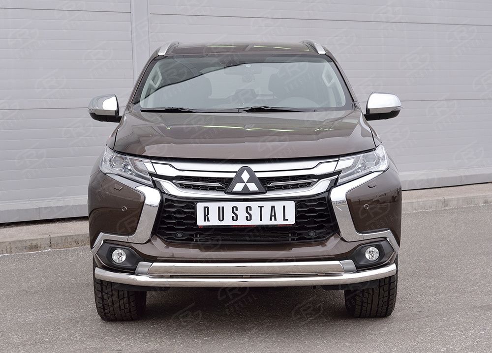 Защита RusStal переднего бампера d63 секция-75х42 дуга для Mitsubishi Pajero Sport III 2016-2020. Артикул MPJSZ-002485