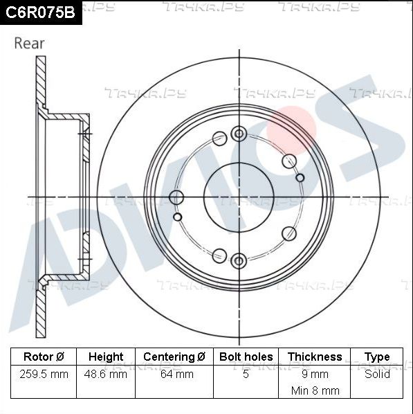 Тормозной диск Advics для Honda Accord VI 1998-2003. Артикул C6R075B