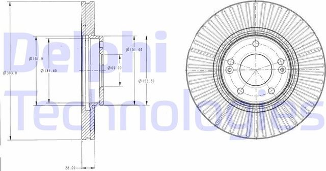 Тормозной диск Delphi передний для Kia Opirus I 2003-2011. Артикул BG4309
