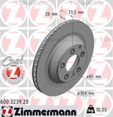 Тормозной диск Zimmermann Coat Z задний для Porsche Cayenne II (958) 2010-2014. Артикул 600.3239.20