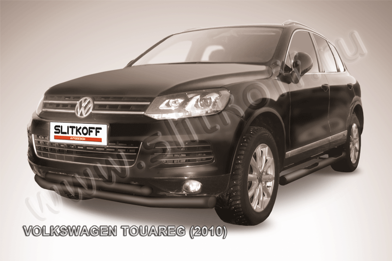Защита Slitkoff переднего бампера d76/57 двойная ЧЕРНАЯ матовая для Volkswagen Touareg II 2010-2014. Артикул VWTR-002B