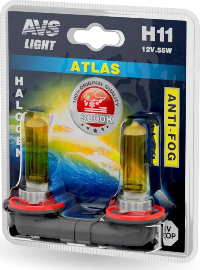 ГАЛОГЕННАЯ ЛАМПА /ATLAS ANTI-FOG/ЖЕЛТЫЙ H11.12V.55W.БЛИСТЕР-2ШТ. (AVS). Артикул A78619S