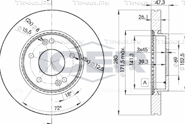 Тормозной диск Icer передний для Hyundai i30 III 2013-2026. Артикул 78BD5171-2