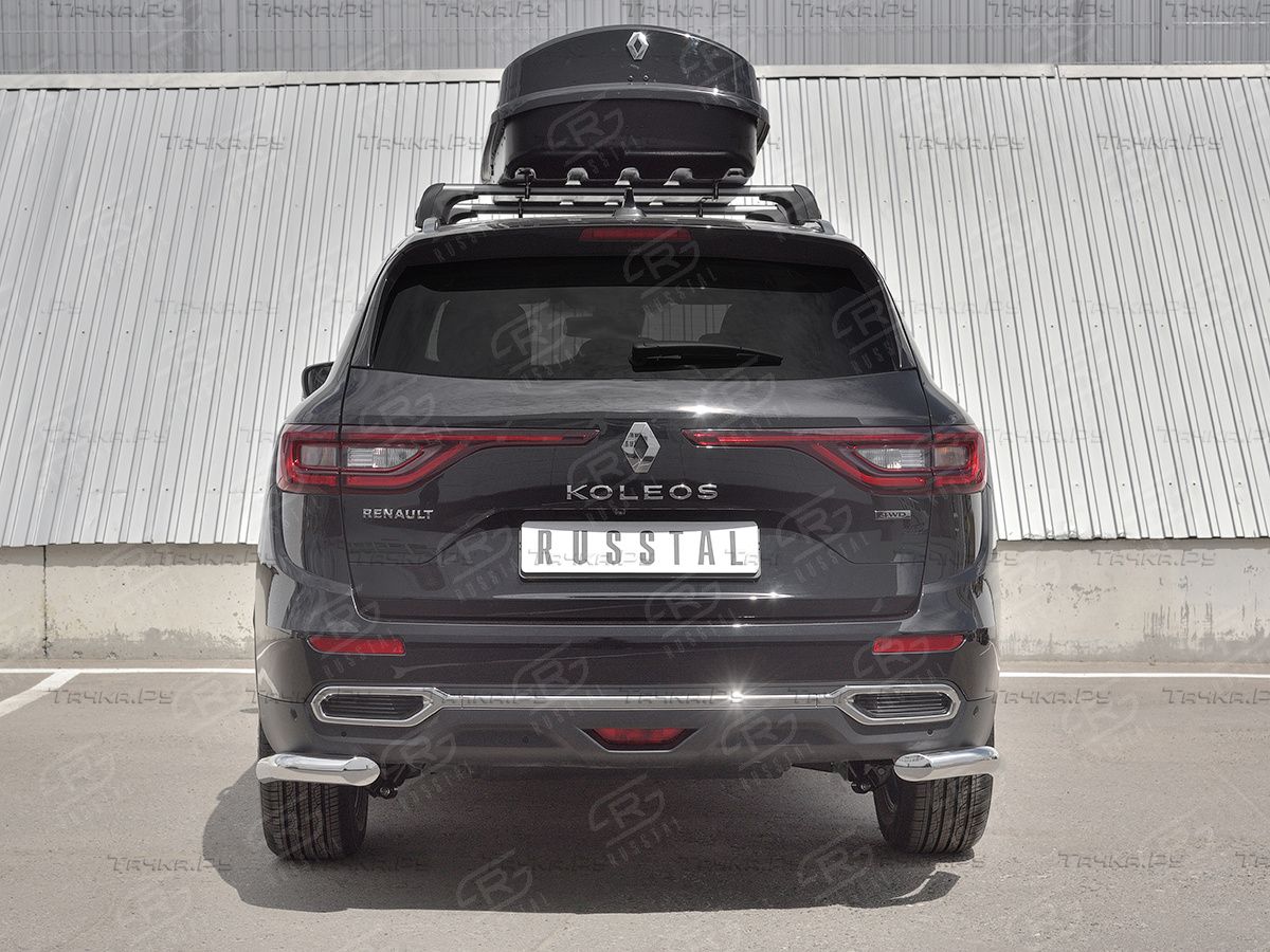 Защита РусCталь заднего бампера уголки d63 секции для Renault Koleos II 2016-2026. Артикул RKZ-002979