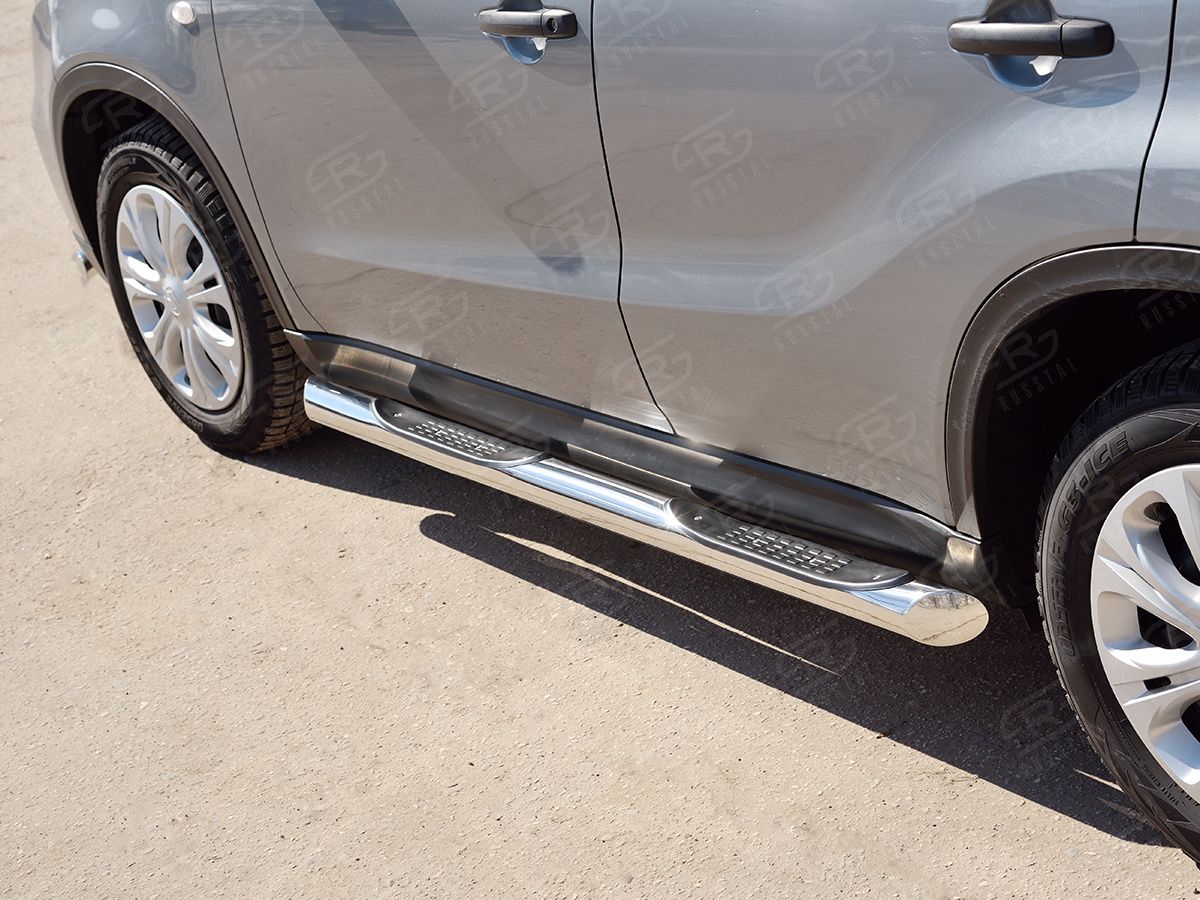 Защита порогов RusStal труба d76 с накладкой (вариант 1) для Suzuk Vitara IV 2015-2026. Артикул SVT-0026441