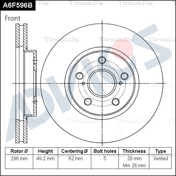 Тормозной диск Advics передний для Toyota Camry 20 (V20, XV20) 1996-2001. Артикул A6F596B