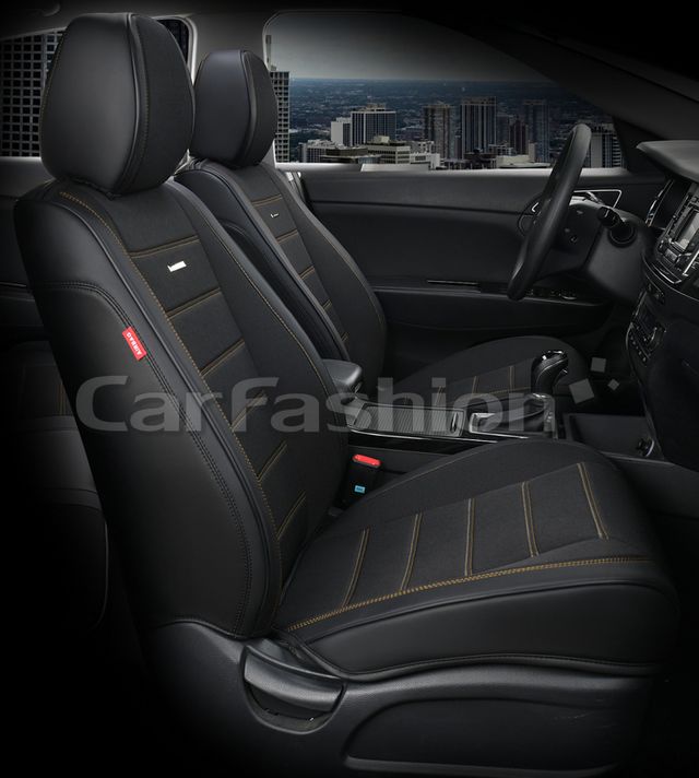 Чехлы универсальные каркасные CarFashion 5D Mayer на передние сидения авто, цвет Черный/Черный/Желтый. Артикул 21504