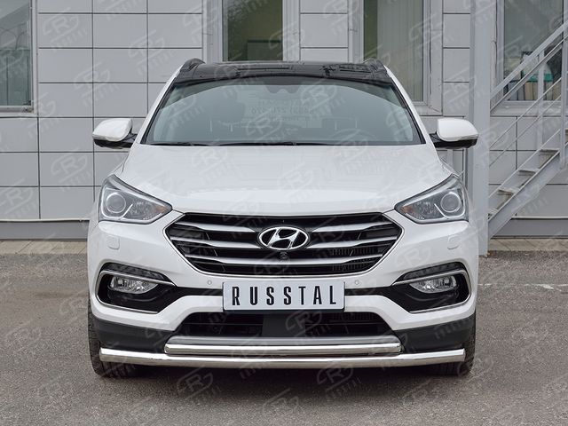 Защита RusStal переднего бампера d63 секция-d42 дуга для Hyundai Santa Fe Premium III 2015-2026. Артикул HSFPZ-002443