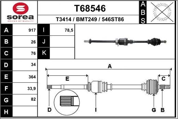 Полуось (привод в сборе, приводной вал) EAI. Артикул T68546