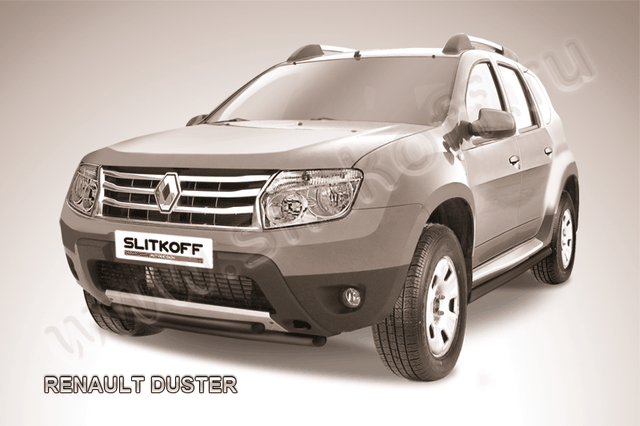 Защита Slitkoff переднего бампера d42/42 двойная ЧЕРНАЯ матовая для Renault Duster I 2010-2015. Артикул RD004B