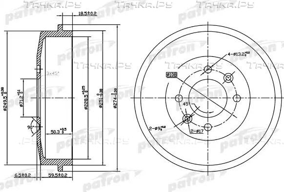 Тормозной барабан Patron задний для Citroen Berlingo I 1996-2011. Артикул PDR1126