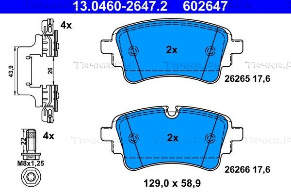 Тормозные колодки ATE задние для Audi S4 V (B9) 2019-2026. Артикул 13.0460-2647.2