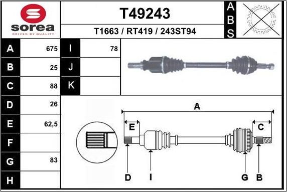 Полуось (привод в сборе, приводной вал) EAI. Артикул T49243