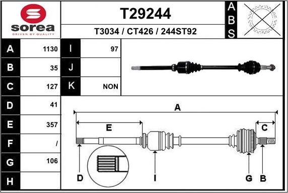 Полуось (привод в сборе, приводной вал) EAI. Артикул T29244