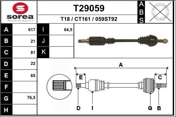 Полуось (привод в сборе, приводной вал) EAI. Артикул T29059