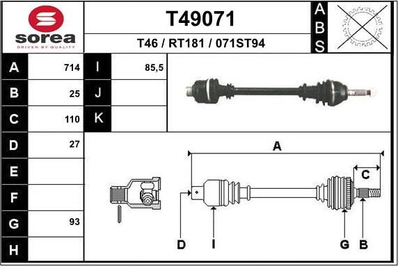 Полуось (привод в сборе, приводной вал) EAI. Артикул T49071