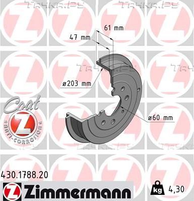 Тормозной барабан Zimmermann Coat Z задний для Opel Adam I 2012-2019. Артикул 430.1788.20