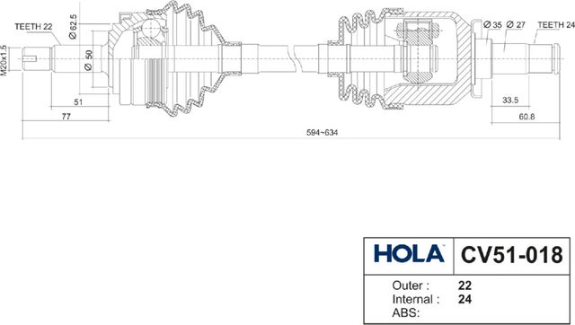 Полуось (привод в сборе, приводной вал) HOLA. Артикул CV51-018