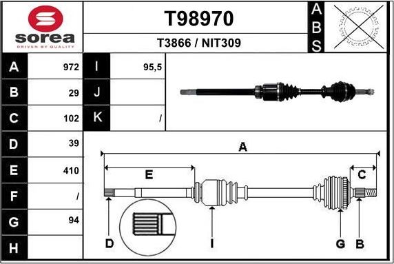 Полуось (привод в сборе, приводной вал) EAI. Артикул T98970