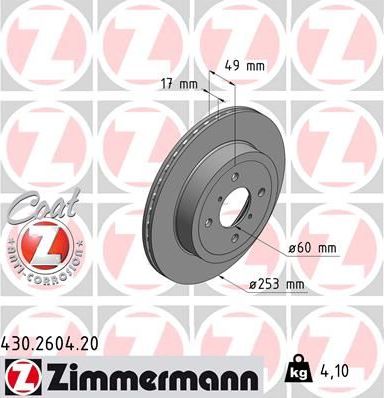 Тормозной диск Zimmermann Coat Z передний для Opel Agila A 2000-2007. Артикул 430.2604.20