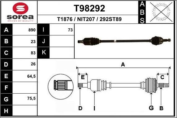 Полуось (привод в сборе, приводной вал) EAI. Артикул T98292