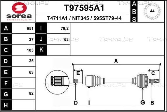 Полуось (привод в сборе, приводной вал) EAI для Nissan Primera P12 2002-2008. Артикул T97595A1