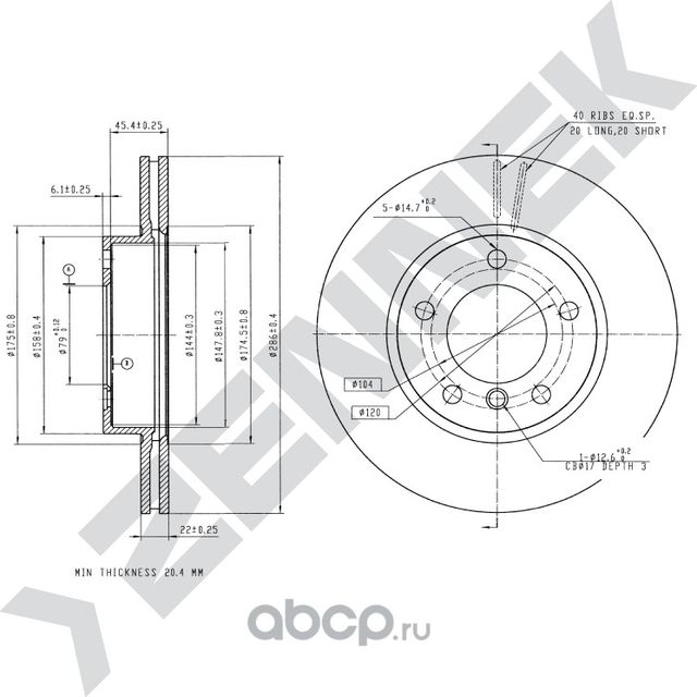 Диск тормозной передний BMW 3 E36/E46 90-06 (Zennek). Артикул DBD0125