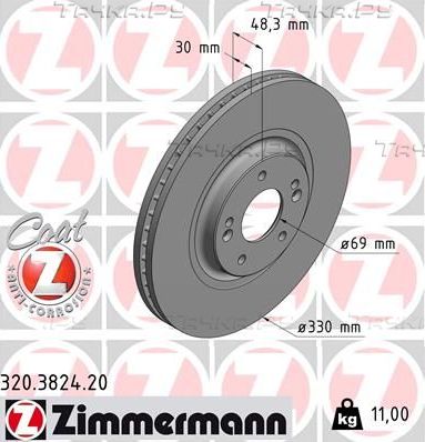 Тормозной диск Zimmermann Coat Z передний для Kia Optima IV 2015-2026. Артикул 320.3824.20