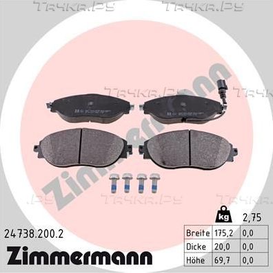Тормозные колодки Zimmermann передние для SEAT Tarraco I 2018-2026. Артикул 24738.200.2