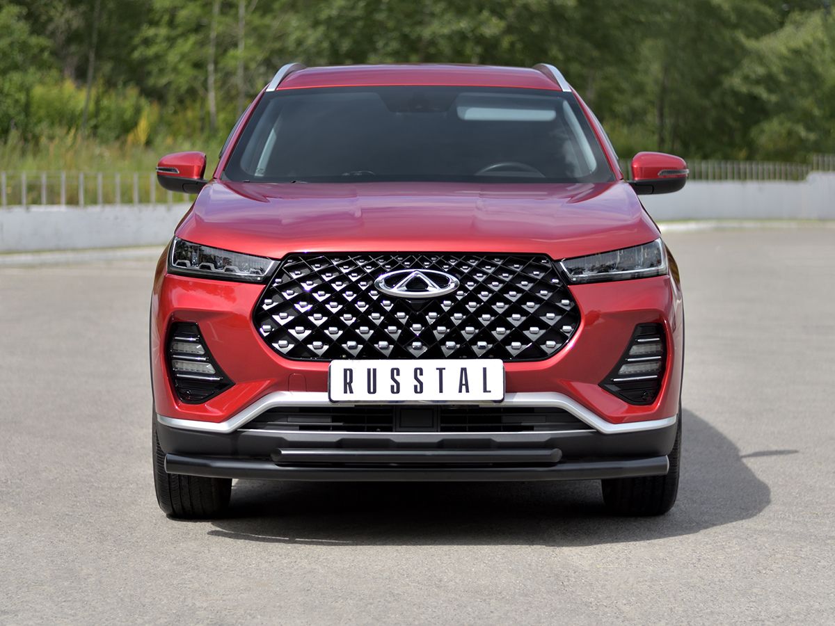 Защита RusStal переднего бампера d63 секции-d42 дуга для Chery Tiggo 7 Pro 2020-2026 Черная. Артикул CHT7Z-003873CH