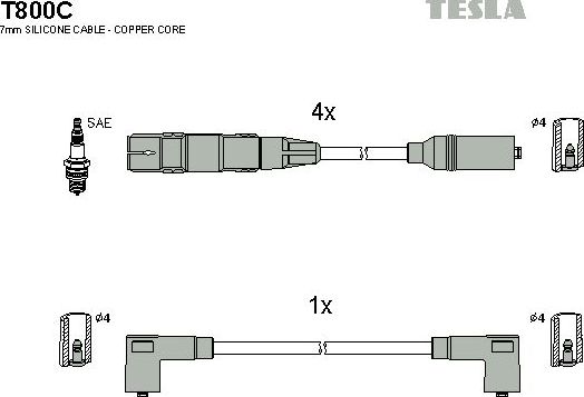 Высоковольтные провода (провода зажигания) (комплект) Tesla для Volkswagen Vento 1994-1998. Артикул T800C