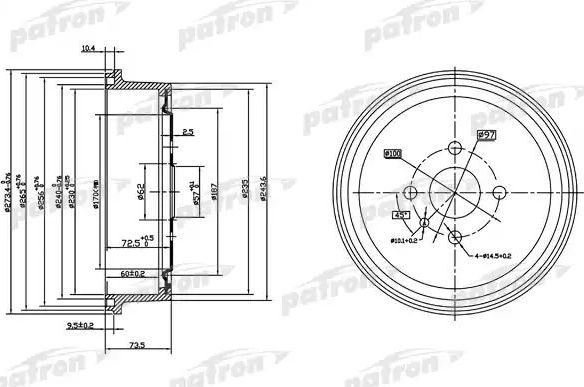 Тормозной барабан Patron задний для Opel Kadett E 1984-1992. Артикул PDR1122