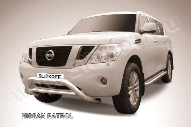 Защита Slitkoff переднего бампера d76/76 двойная с профильной защитой картера для Nissan Patrol Y62 2012-2014. Артикул NIPAT001