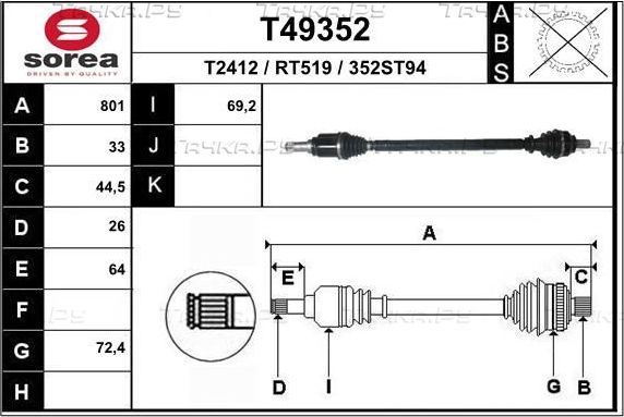 Полуось (привод в сборе, приводной вал) EAI. Артикул T49352