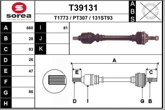 Полуось (привод в сборе, приводной вал) EAI. Артикул T39131