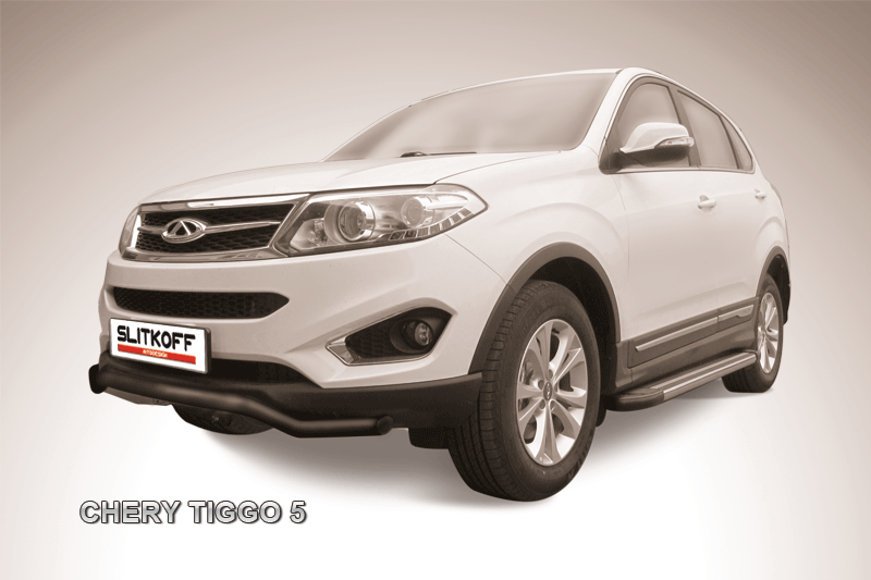 Защита Slitkoff переднего бампера d57 Волна ЧЕРНАЯ матовая для Chery Tiggo 5 2014-2020. Артикул CT5-001B