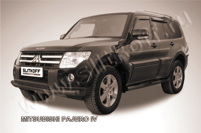 Защита Slitkoff переднего бампера d76/57 двойная ЧЕРНАЯ матовая для Mitsubishi Pajero IV 2011-2026. Артикул MPJ009B