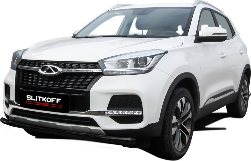 Защита Slitkoff переднего бампера d57 для Chery Tiggo 4 2017-2026 ЧЕРНАЯ матовая. Артикул CT4-002B