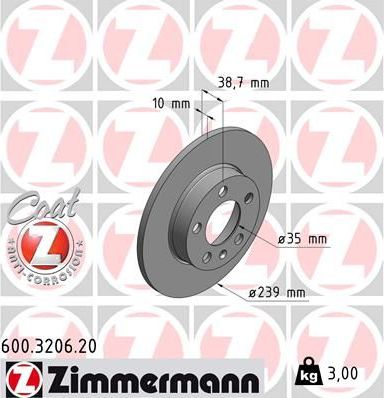 Тормозной диск Zimmermann Coat Z для Volkswagen Golf III 1994-1999. Артикул 600.3206.20
