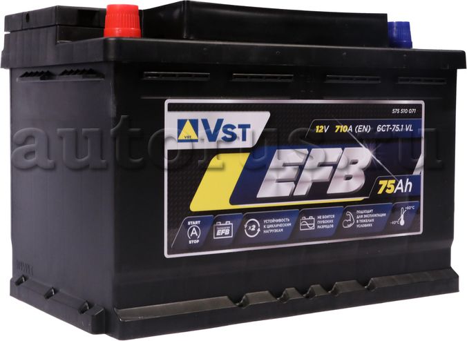 Аккумуляторная батарея V СТАНДАРТ [12V 75Ah 710A) (VST). Артикул 575510071