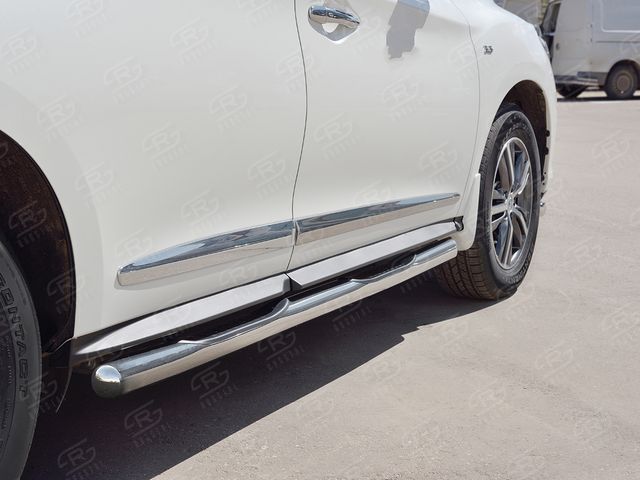 Защита порогов РусCталь труба d76 с накладкой (вариант 3) для Infiniti QX60 2016-2026. Артикул IQXT-0026833