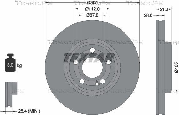 Тормозной диск Textar Pro+ передний для Mercedes-Benz GLB I (X247) 2020-2026. Артикул 92323405