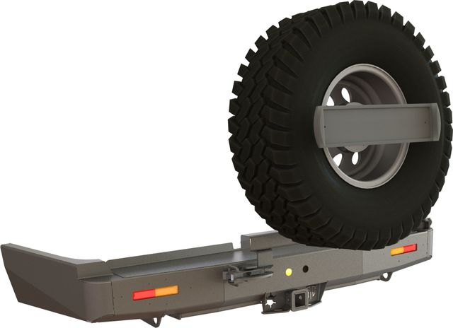 Бампер силовой задний STC для Toyota Land Cruiser 80 1990-1997 с квадратом под фаркоп, кронштейном крепления запасного колеса по центру, кронштейном крепления гос номера и дублирующими фонарями. Артикул STC-TLC80-BR-C1-L1