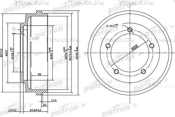 Тормозной барабан Patron задний для Ford Transit Torneo V 1994-2000. Артикул PDR1067