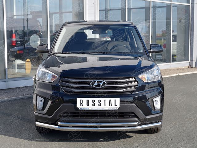 Защита RusStal переднего бампера d63 секция-d42 дуга для Hyundai Creta I 2016-2021. Артикул HCRZ-002418