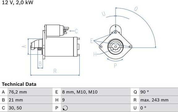 Стартер Bosch для Opel Omega B 1994-2001. Артикул 0 986 017 300