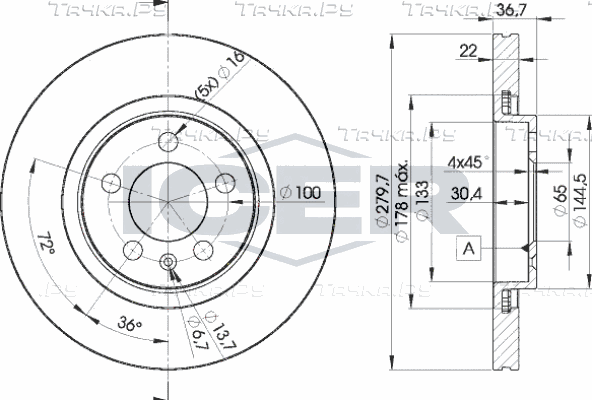 Тормозной диск Icer передний для Volkswagen Golf VI 2007-2009. Артикул 78BD5603-2